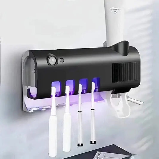 Wall Mounted Toothbrush Holder With Ultraviolet Light And Automatic Toothpaste Dispenser